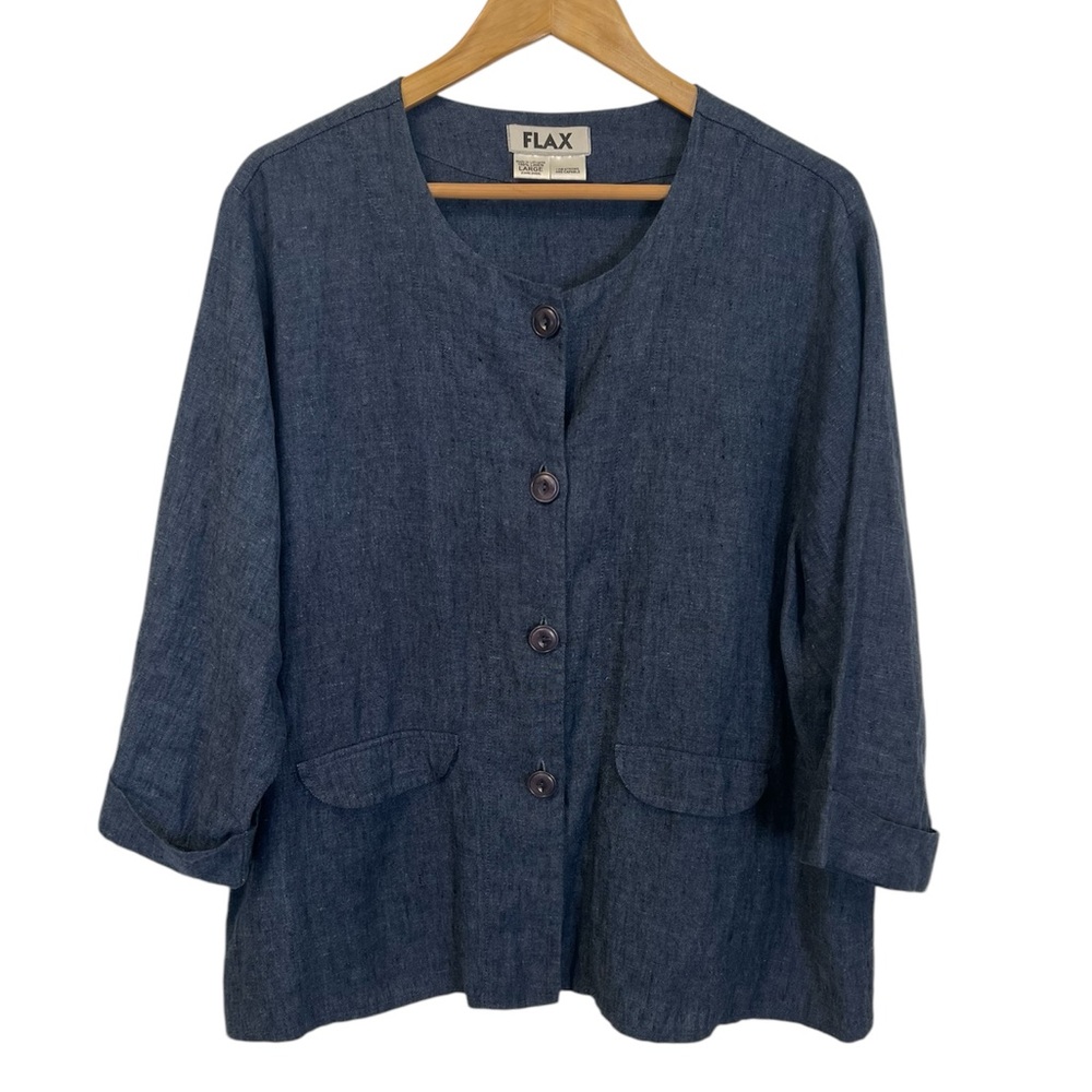 Flax Button Up Shirt Jacket Pockets Dark Blue Size L 100% Linen Lagenlook